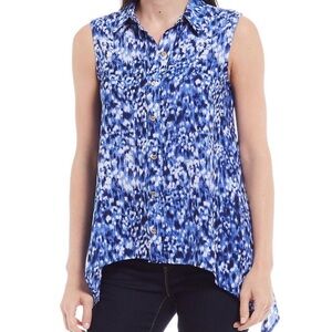 Michael Kors NWT Blue Print IKAT Sleeveless Hi-Lo Hem Top Shirt Blouse Size XS